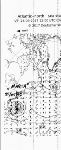 Hamburgo. 23 de Septiembre de 2017. Anotaciones manuscritas del huracán "María" en el Caribe. Imagen cortada.